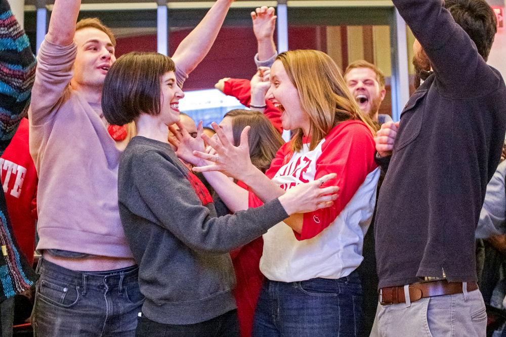 Student Body President Jess Errico, a fifth-year studying mechanical and aerospace engineering, and Student Body Vice President Meredith Spence-Beaulieu, a fifth-year Ph.D. student studying entomology, celebrate winning their Student Government runoff election on March 1 in Talley Student Union.