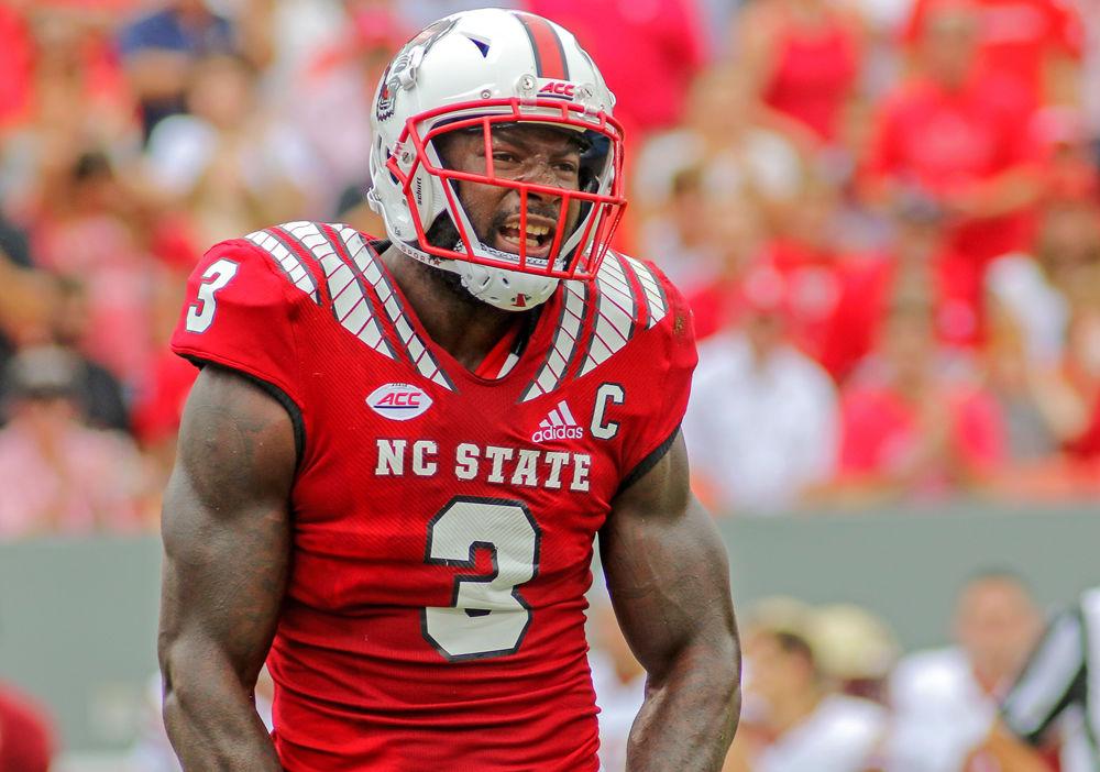 Graduate linebacker Germaine Pratt celebrates a tackle on Saturday, Oct. 6 in Carter-Finley Stadium. Pratt had 1.5 tackles for loss, one sack and one forced fumble that he recovered. NC State survived a late Boston College resurgence for a 28-23 win.