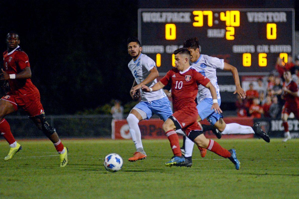 Sophomore midfielder David Loera races to the goal at Dail Soccer Stadium on Friday, Oct. 12. Loera scored the only goal in the game as the Wolfpack beat No. 1 UNC-Chapel Hill 1-0.
