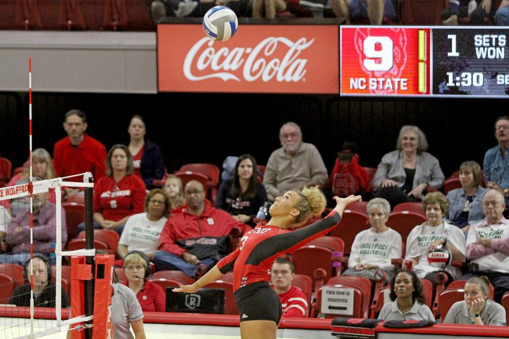 Sophomore opposite hitter Melissa Evans goes up for a kill against Pittsburgh on Sunday, Oct. 14 at Reynolds Coliseum. Evans had 11 kills in the Wolfpack's 3-1 loss.