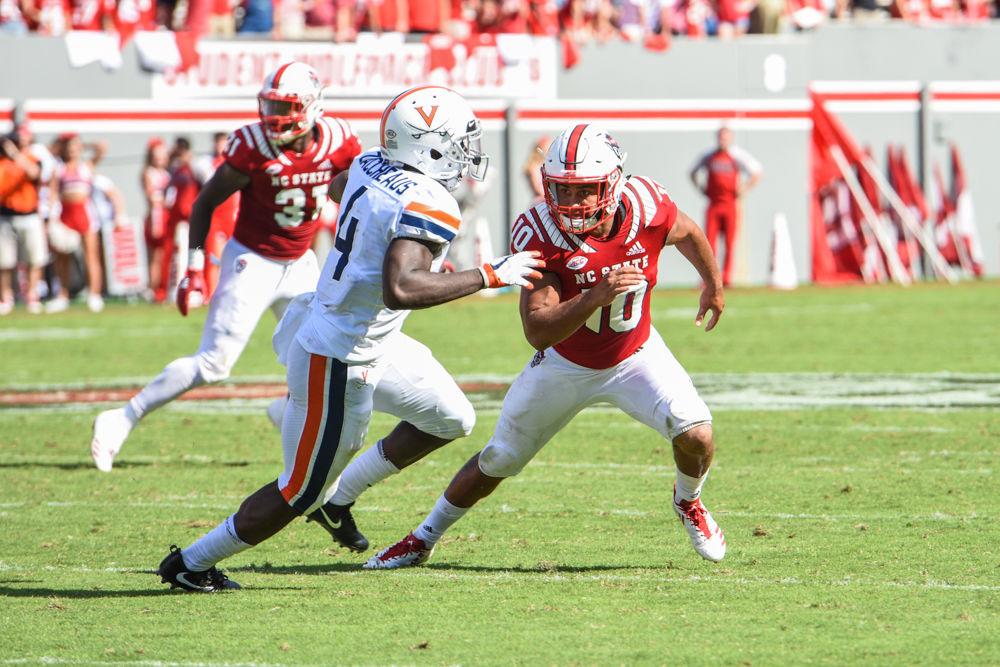 Freshman nickelback Tanner Ingle pursues a tackle against Virginia on Saturday, Sept. 29 in Carter-Finley Stadium. Ingle had 6 solo tackles helping the Wolfpack beat the Cavaliers 35-21.