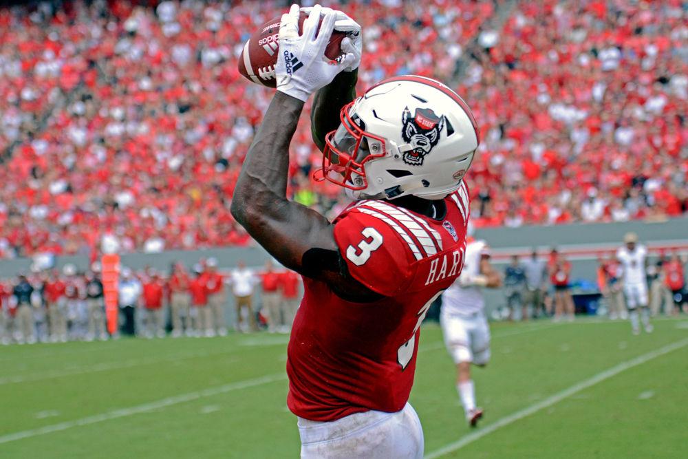 Junior wide receiver Kelvin Harmon hauls in a catch on Saturday, Oct. 6 at Carter-Finley Stadium. Harmon caught 9 passes for 128 yards and 1 touchdown as the Wolfpack beat Boston College 28-23.