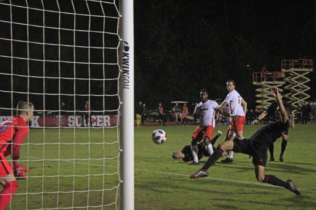 Sophomore forward Manny Perez takes a shot near the goal on Saturday, Oct. 20 at Dail Soccer Stadium. The Wolfpack had a total of 12 shots during a 1-1 draw with Syracuse.