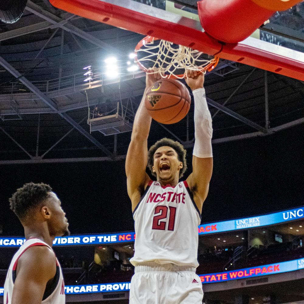 Freshman foward Ian Steere dunks against Chowan in PNC Arena on Monday, Oct. 29. Steere scored 7 points and grabbed four rebounds as the Wolfpack won 111-62.