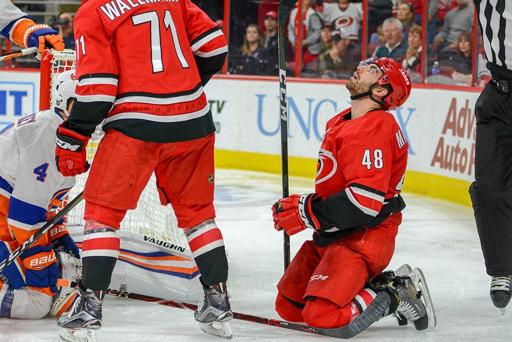 Carolina Hurricanes forward Jordan Martinook looks up in frustration after missing a shot during the game versus the New York Islanders on Sunday, Oct. 28 in PNC Arena. The Hurricanes lost to the Islanders 2-1.