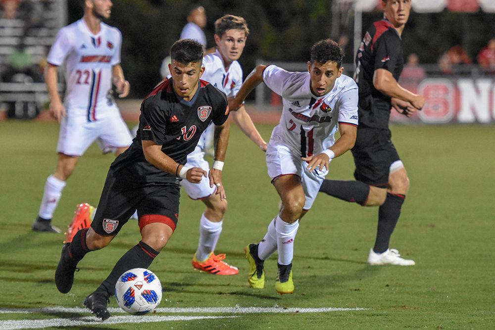 Sophomore forward David Loera settles a pass during the game versus #6 Louisville on Friday, Sept. 28, 2018 in Dail Soccer Stadium. The Wolfpack tied the Cardinals 2-2 after two overtime periods.