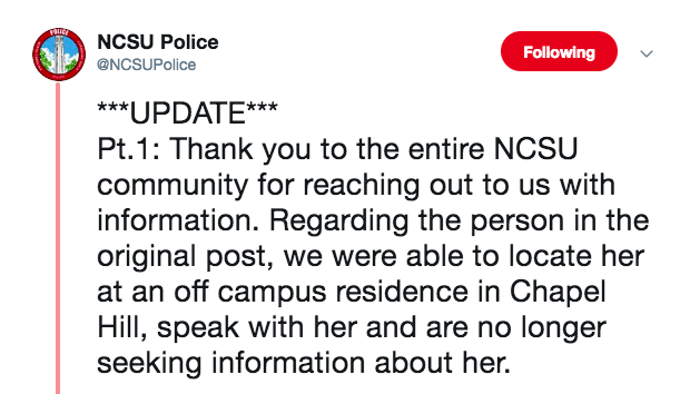 A tweet from the NCSU Police Twitter account from last Tuesday regarding the incident. After making contact with the woman in Chapel Hill, NC State Police issued her a trespassing warning. UNC-CH Police are still currently investigating the incident.