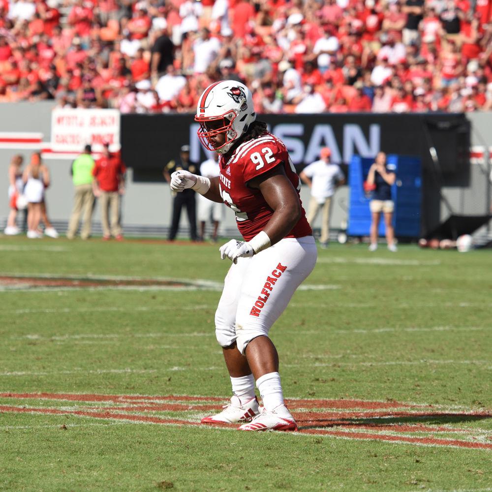 Redshirt junior defensive tackle Larrell Murchison dances in victory on Sunday, Sept. 29 at Carter-Finley Stadium. Murchison had 4 tackles for loss including three sacks as the Wolfpack beat Virginia 35-21.