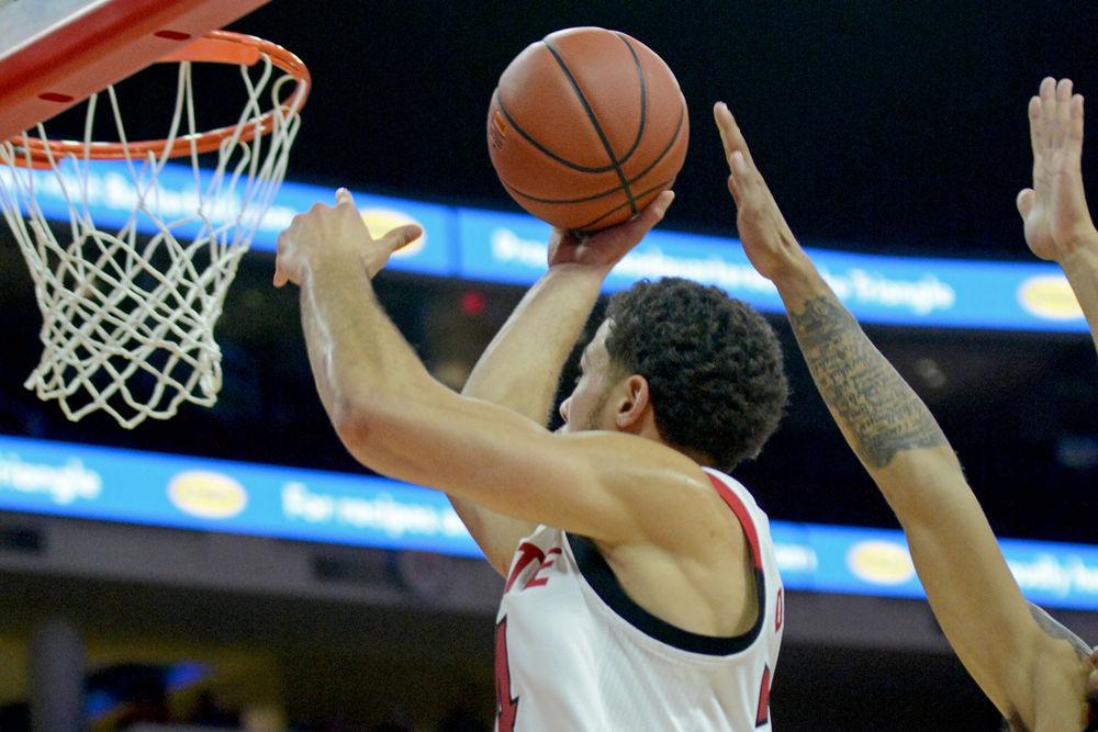 Redshirt sophomore guard Devon Daniels attacks the rim on Monday, Oct. 29 at PNC Arena. Daniels scored a game-high 22 points on 8-16 shooting as the Wolfpack beat Chowan 111-62.