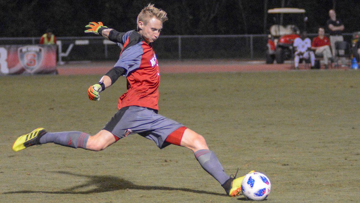 Sophomore goalkeeper Leon Krapf kicks the ball down the field on Tuesday, Oct. 2 in Dail Soccer Stadium. Krapf had four saves against James Madison as the game ended in a 0-0 tie.