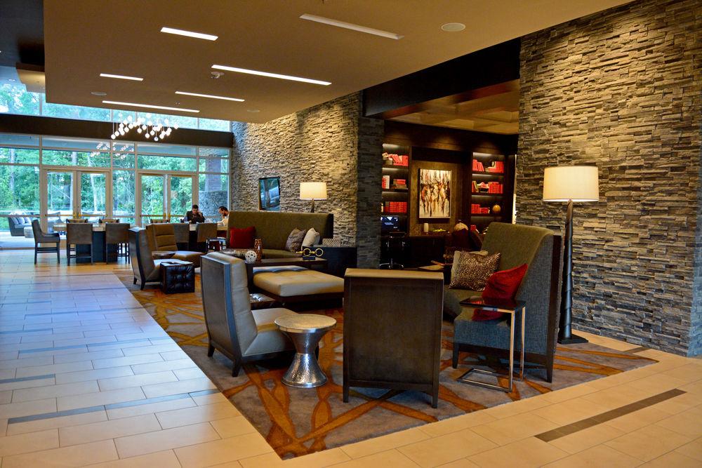 The StateView Hotel is located next to Lake Raleigh and opened on Oct. 10, 2017. The hotel contains 163 guest rooms and incorporates elements of NC State into its design.