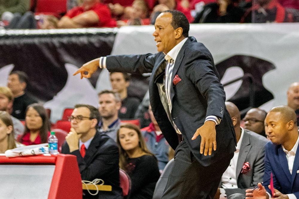 Head Coach Kevin Keatts communicates from the bench in PNC Arena on Monday, Oct. 29. The Wolfpack beat Chowan 111-62.