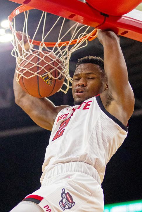 Redshirt senior guard Torin Dorn dunks against Chowan in PNC Arena on Monday, Oct. 29. Dorn tied a game-high 7 rebounds as the Wolfpack won 111-62.