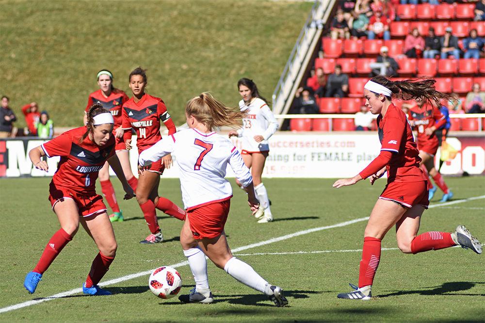 Junior midfielder Ricci Walkling takes a touch during the women's soccer game against Louisville on Sunday, Oct. 21, at Dail Soccer Stadium. The Wolfpack fell to the yet undefeated Cardinals 2-1.