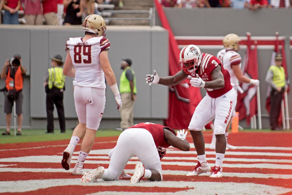 Redshirt senior safety Dexter Wright drops a potential interception on Saturday, Oct. 6 at Carter-Finley Stadium. The Wolfpack ended up winning 28-23.