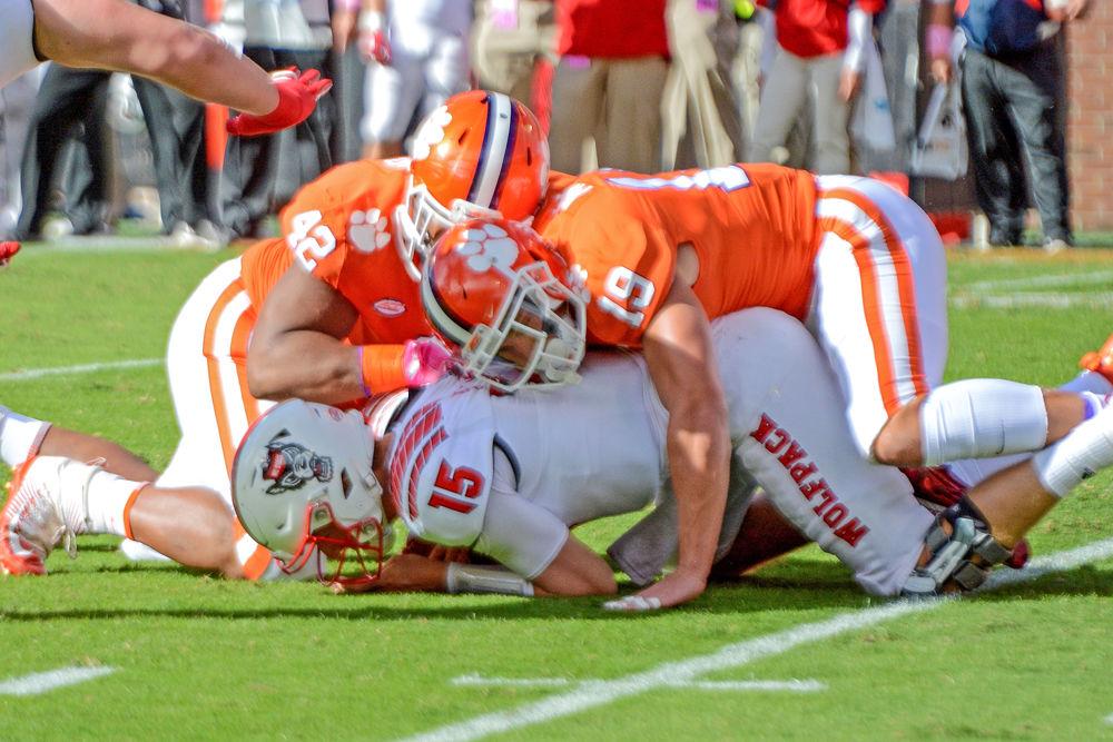 *Editor's note: this photo has been replaced.
Graduate quarterback Ryan Finley gets sacked by Clemson on Saturday, Oct. 20 at Clemson Memorial Stadium. Finley went 21-34 with 156 passing yards and 2 interceptions as the Wolfpack lost 41-7.