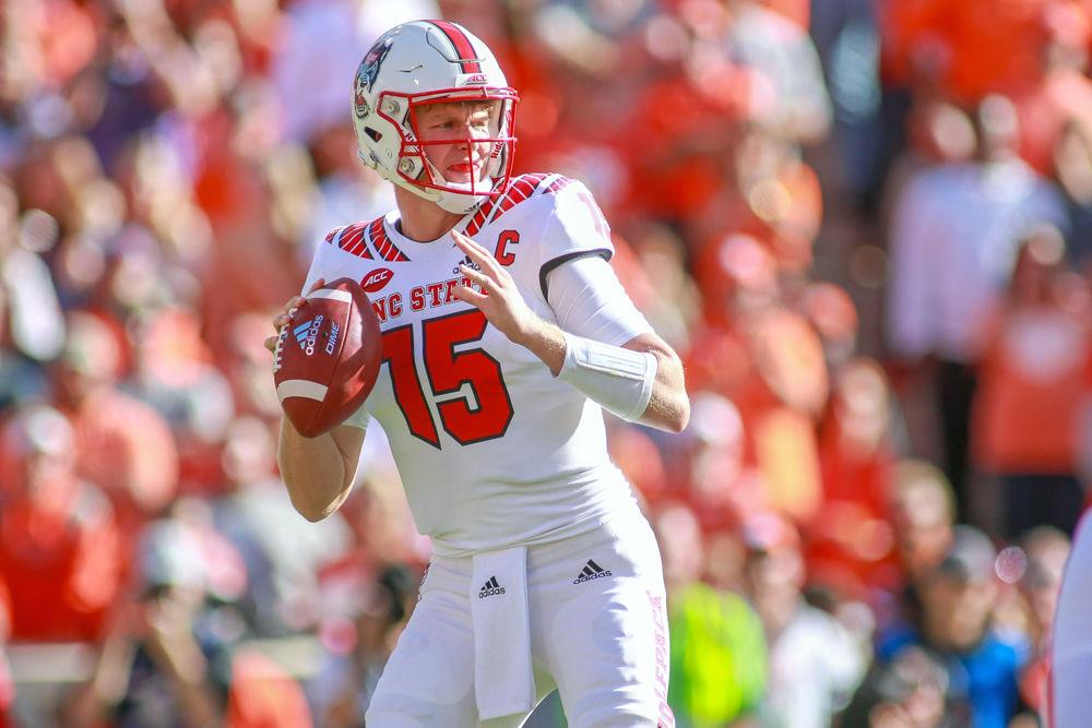 Graduate quarterback Ryan Finley scans the field on Saturday, Oct. 20, at Clemson Memorial Stadium. Finley completed 21 of 34 passes for 156 yards and two interceptions during the 41-7 loss to Clemson.