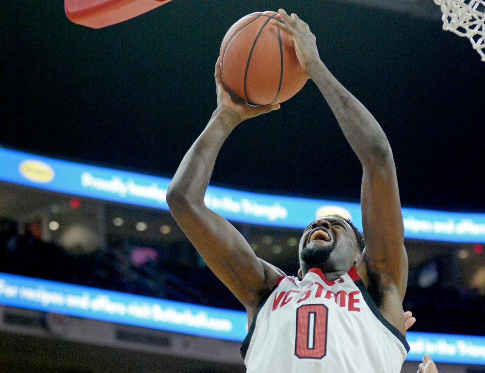 Redshirt sophomore forward DJ Funderburk goes up for an inside shot on Monday, Oct. 29 at PNC Arena.&#160;Funderburk was perfect on both free throws at 5-5 and field goals at 7-7 including 1 three-point shot for a total of 20 points. The Wolfpack beat Chowan 111-62.