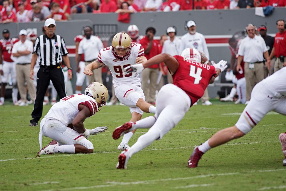 Junior cornerback Nick McCloud attempts to block Boston College kicker Colton Lichtenberg's field goal on Saturday, Oct. 6 at Carter-Finley Stadium. The Wolfpack won 28-23.