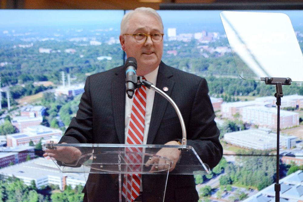 *Editor's note: the original photo has been replaced.
Chancellor Randy Woodson speaks at the 2018 Fall Chancellor's Address on Friday, Nov. 2 in Talley Student Union during Red and White Week. During the address, the chancellor talked about his pride in the excellence of NC State student body and the high rankings NC State has been achieving.