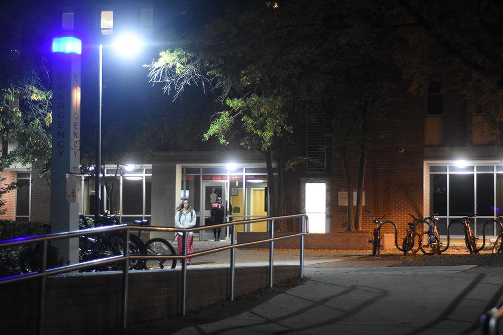 The path between the Tri-Towers is brightly lit at night with plenty of exterior lights.