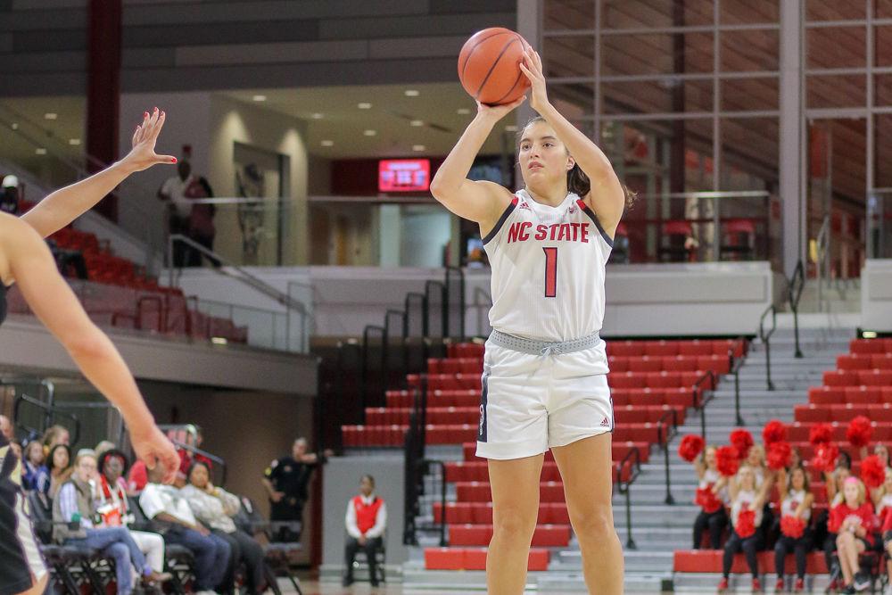 Junior guard Aislinn Konig shoots a 3-point shot against Anderson in Reynolds Coliseum on Thursday, Nov. 1. Konig led the team with 14 points while also tallying four assists during the exhibition, which the Wolfpack won 83-57.