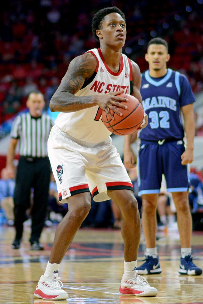 Redshirt junior guard C.J. Bryce prepares to shoot a free throw against Maine on Saturday, Nov. 17 at PNC Arena. Bryce recorded 14 points, four assists and eight rebounds as the Wolfpack won 82-63 at PNC Arena.