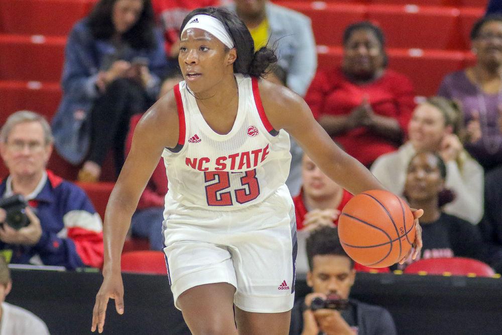 Redshirt junior guard Grace Hunter brings the ball up court on Thursday, Nov. 1 in Reynolds Coliseum. Hunter recorded 13 points along with a team-high 11 rebounds during the exhibition against Anderson University, which the Wolfpack won 83-57.