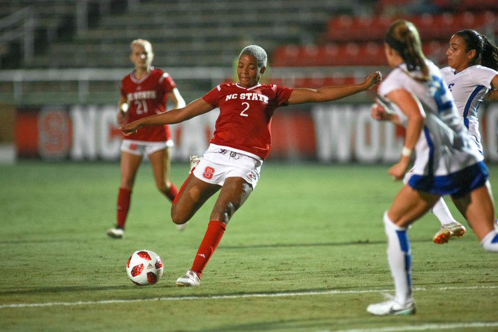 Junior midfielder Tziarra King shoots and scores off an assist from senior defender Hannah Keogh in the 82nd minute to tie the game. The Wolfpack were forced to play down a player for 48 minutes of the 110 game after senior defender Ella Bonner was booked in the 63rd minute. No. 21 would come away with the tie against No. 15 Duke on Thursday, Sept. 27, 2019 in Dail soccer stadium.
