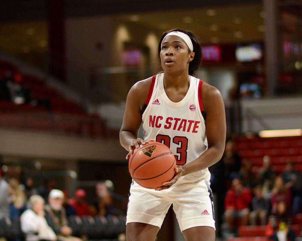 Grace Hunter, a redshirt junior guard, prepares to shoot a free throw during the NC State vs. Vanderbilt basketball game. Hunter successfully shot half of her free throws. The Wolfpack defeated the Commodores 74-54 on Thursday, Nov. 15 at Reynolds Coliseum.