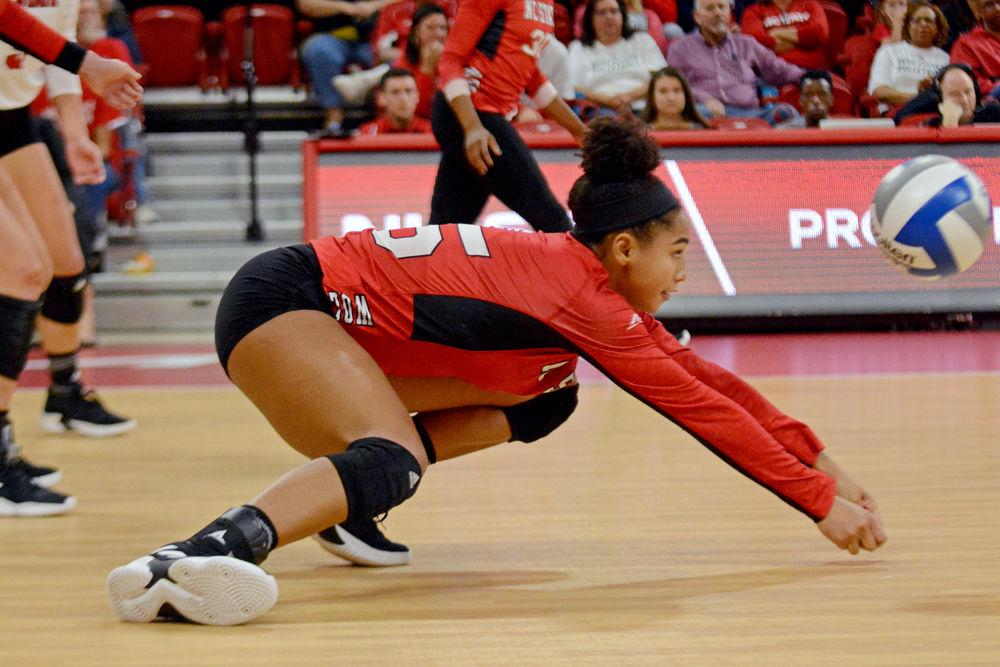 Freshman outside hitter Jade Parchment records a dig on Sunday, Oct. 14 at Reynolds Coliseum. Parchment had 12 kills and 7 digs as the Wolfpack lost to No. 6 Pittsburgh 3-1.