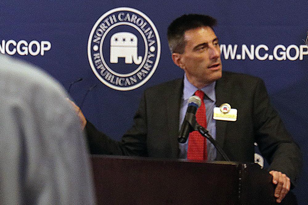 Dallas Woodhouse, executive director of the North Carolina Republican Party, addresses a crowd at the Republican watch party of the 2018 midterm election results.