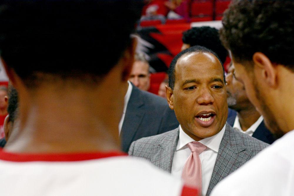 Head coach Kevin Keatts speaks to his team before the tipoff against Mercer on Saturday, Nov. 24 at PNC Arena. The Wolfpack won 78-74.