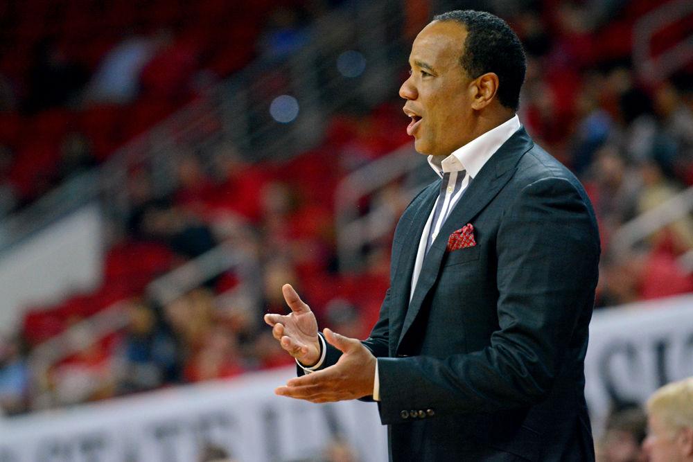 Head Coach Kevin Keatts communicates from the bench on Monday, Oct. 29 at PNC Arena. The Wolfpack beat Chowan 111-62.