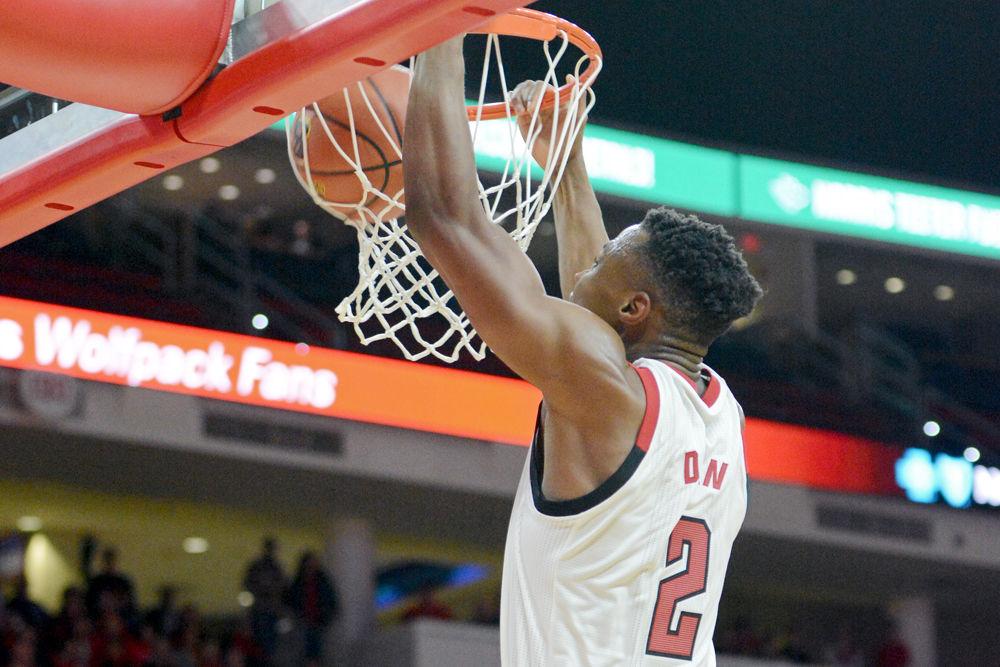 Redshirt senior guard Torin Dorn dunks the ball against Chowan on Monday, Oct. 29, 2018 at PNC Arena. Dorn scored 11 points on 4-6 shooting and tied a game-high 7 rebounds as the Wolfpack won 111-62.