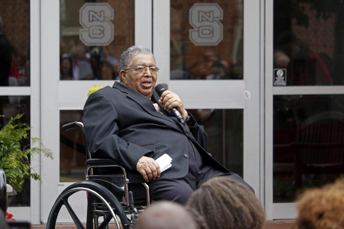 Irwin Holmes, the first African-American to earn an undergraduate degree from NC State, delivers remarks at the renaming ceremony for Holmes Hall, formerly known as University College Commons on Thursday, Nov. 1. Holmes graduated with a degree in electrical engineering.