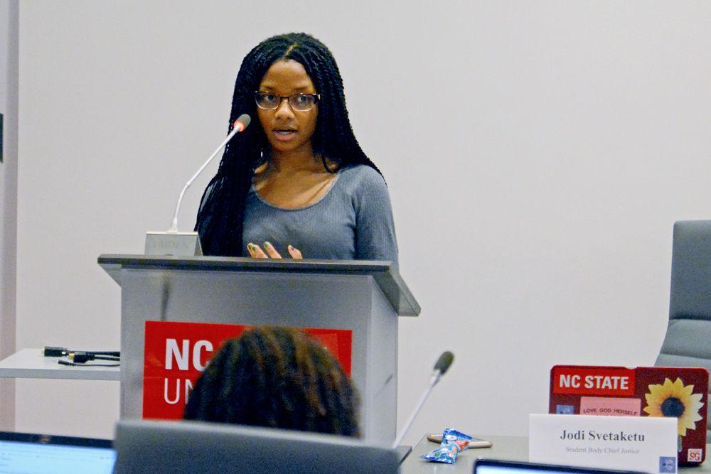 Student Body Chief Justice Jodi Svetaketu, a third-year studying foreign languages and literature, speaks at the student senate meeting on Wednesday, Nov. 28 at Talley Student Union.&#160;