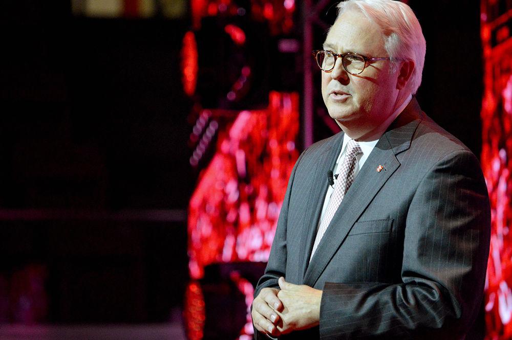 Chancellor Randy Woodson delivers the welcoming address to gala attendees during the Grand Reopening Celebration for Reynolds Coliseum on Sept. 16, 2016.