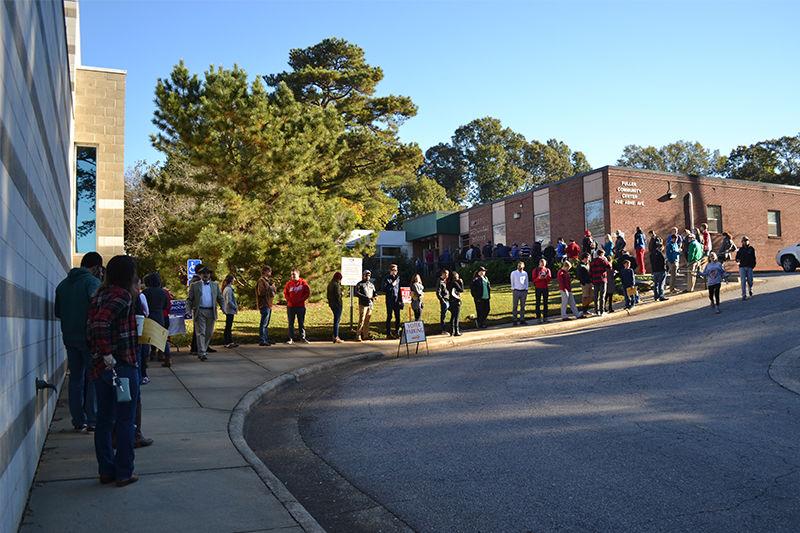 Voters wait in line at the Pullen Park Community Center at 8:30 a.m. on Tuesday to vote in the 2016 presidential election.&#160;