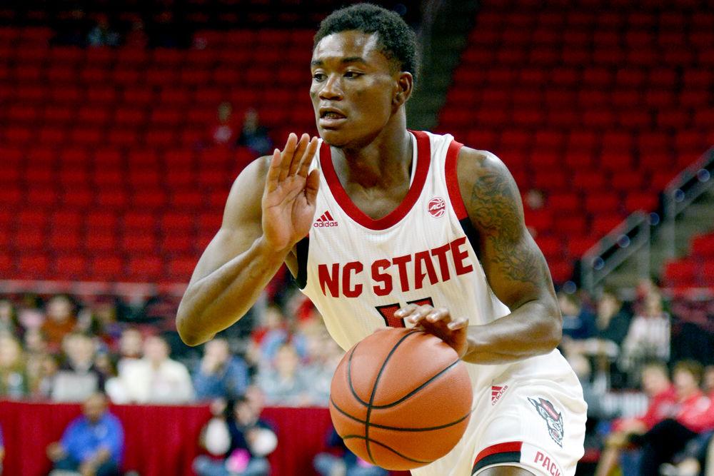 Junior guard Markell Johnson begins to drive against Chowan on Monday, Oct. 29, 2018 at PNC Arena. Johnson scored 9 points on 4-6 shooting and recorded a team-high 6 assists as the Wolfpack won 111-62.