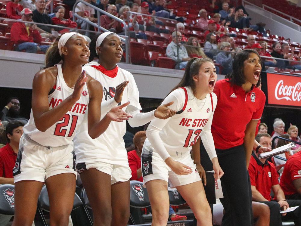 The bench celebrates after an Anderson foul at Reynolds Coliseum on Thursday, Nov. 1. The NC State Women's Basketball team won against Anderson 83-57.
