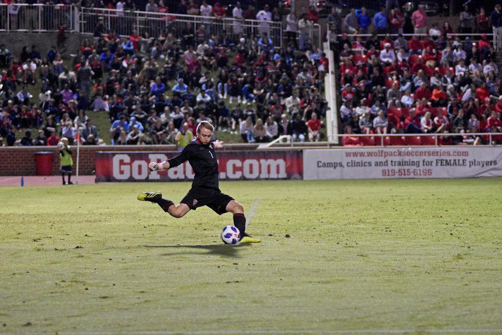 Sophomore goalkeeper Leon Krapf kicks the ball against UNC-Chapel Hill on Friday, Oct. 12 in Dail Soccer Stadium. The Wolfpack beat the No. 1 ranked Tar Heels 1-0.