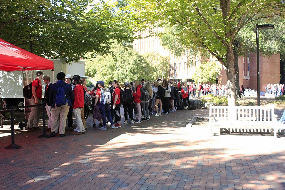 *Editor's note: the main photo has been replaced.
Students line up in Wolf Plaza on Monday, Oct. 29 to get free food and apparel for the Red and White Week Kickoff. This was the first of the &#8220;Wear Red, Get Fed&#8221; events that occurred at lunch each day during the week of Oct 29 - Nov 2.