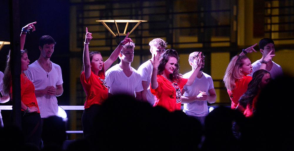 Kappa Kappa Gamma and Beta Theta Pi, a sorority and fraternity on campus, dance onstage at NC State's Red and White Week Pep Rally on Thursday, Nov. 1. The Red and White Week Pep Rally was held at Stafford Commons.
*Editor&#8217;s Note: This caption has been updated to accurately reflect the names of the Panhellenic Sorority and Fraternity.