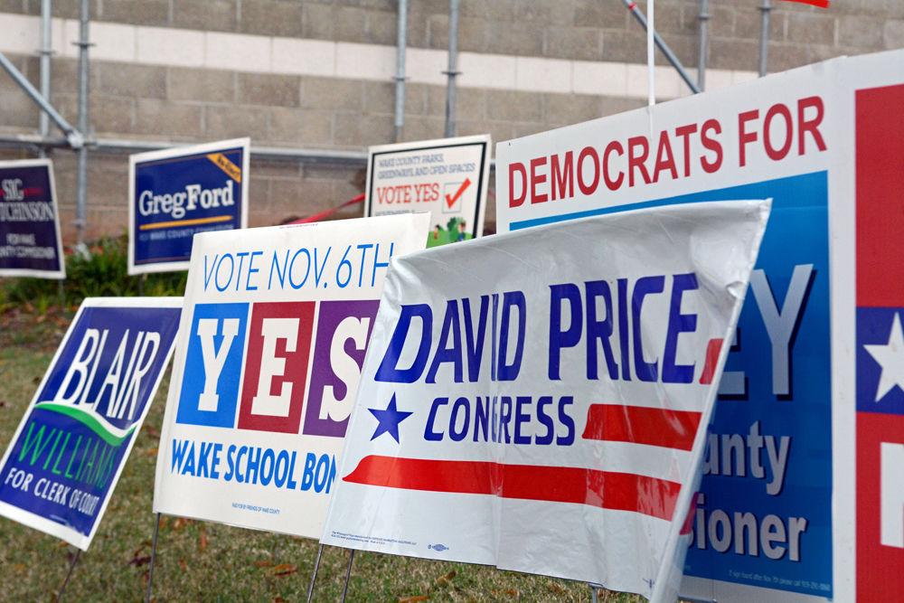 Campaign signs for midterm elections outside of the Pullen Park Community Center on Tuesday, Nov. 6.