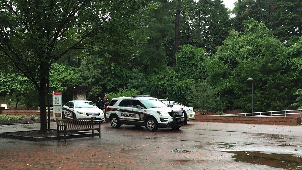 NCSU Police patrol Wolf Plaza after Hurricane Florence on Saturday, Sept. 15.