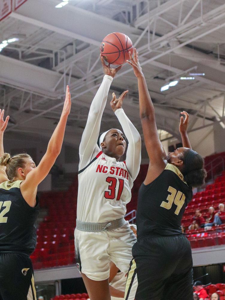 Freshman forward Jada Rice shoots for two in Reynolds Coliseum on Thursday, Nov 1. The Wolfpack had a total of 57 rebounds as they defeated Anderson 83-57.