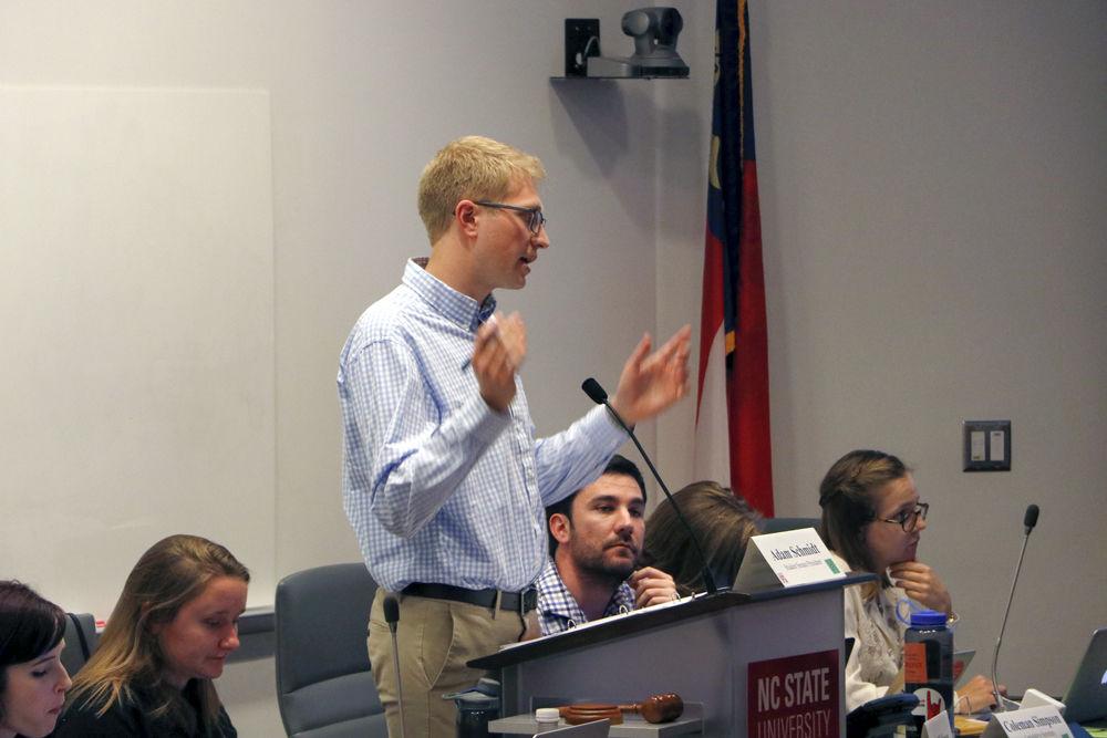 Student Senate President Adam Schmidt addresses the Student Senate in Talley Student Union on Wednesday, Nov. 7.