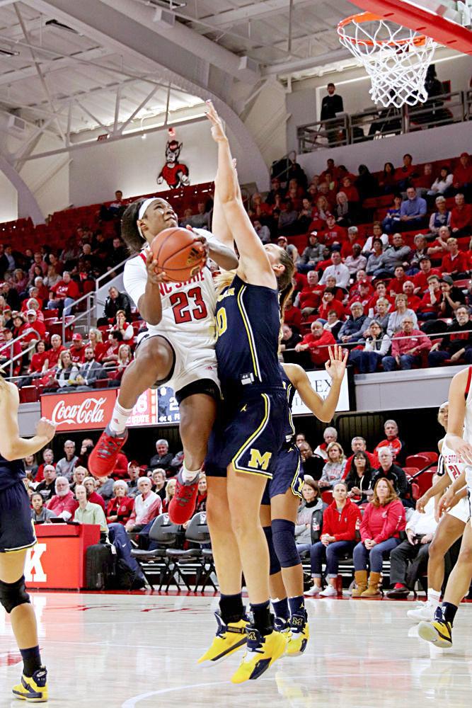 Redshirt junior guard Grace Hunter attacks the basket against Michigan in Reynolds Coliseum on Thursday, Nov. 29. Hunter had a team-high 19 points and 8 rebounds as the Wolfpack won 66-55.