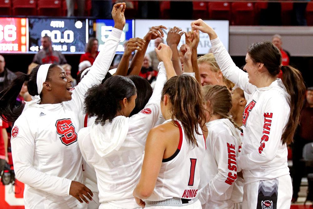 NC State Women's Basketball celebrates their win over Michigan in the ACC-Big Ten Challenge in Reynolds Coliseum on Thursday, Nov. 29. The Wolfpack won 66-55.